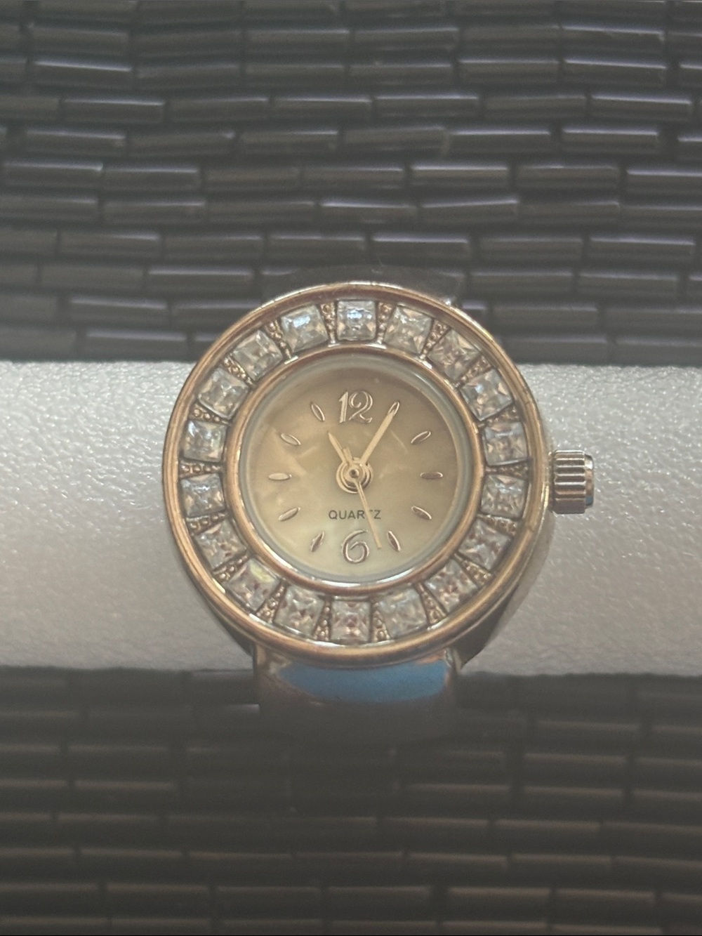 Quartz Women's Ring Watch with Gold Tone and Crystal Accents
